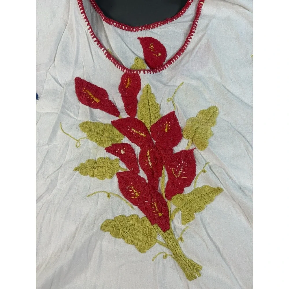 Hand Embroidered Mexican Bird Floral Tunic Blouse White Cotton Boho Folk Est Lg